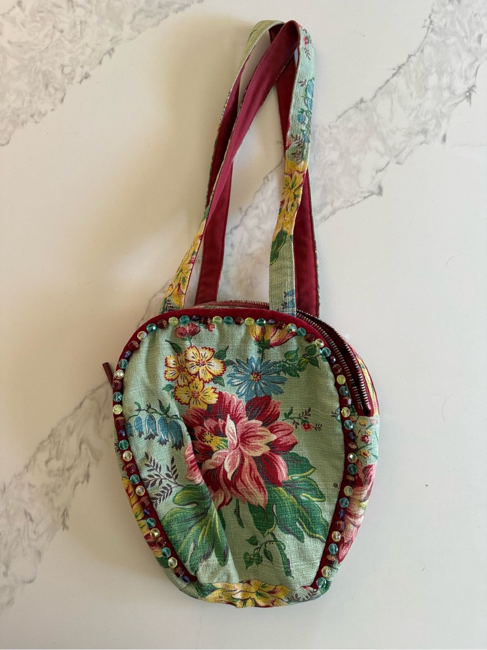 Sylvie Bags of Martha’s Vineyard Floral Beaded Crossbody Bag - Mint & Red